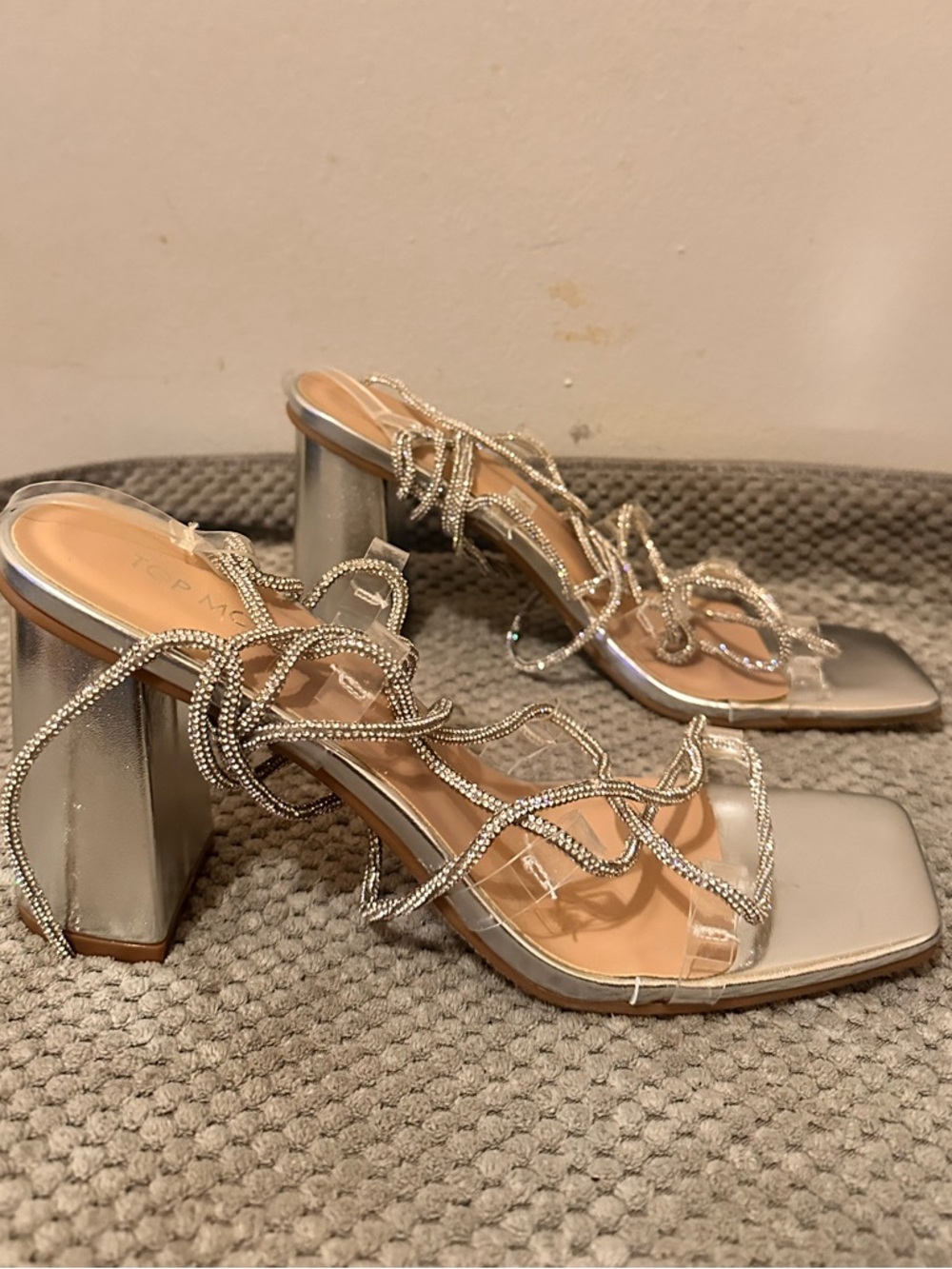 TOP Moda Silver Rhinestone Strappy Block Heels